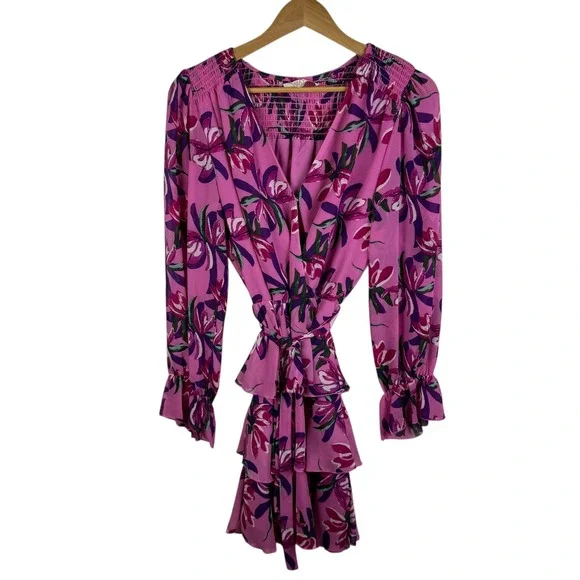 WAYF Tiered Ruffle Floral Mini Dress Size Medium Pink Long Sleeve Feminine Flowy - Picture 2 of 11